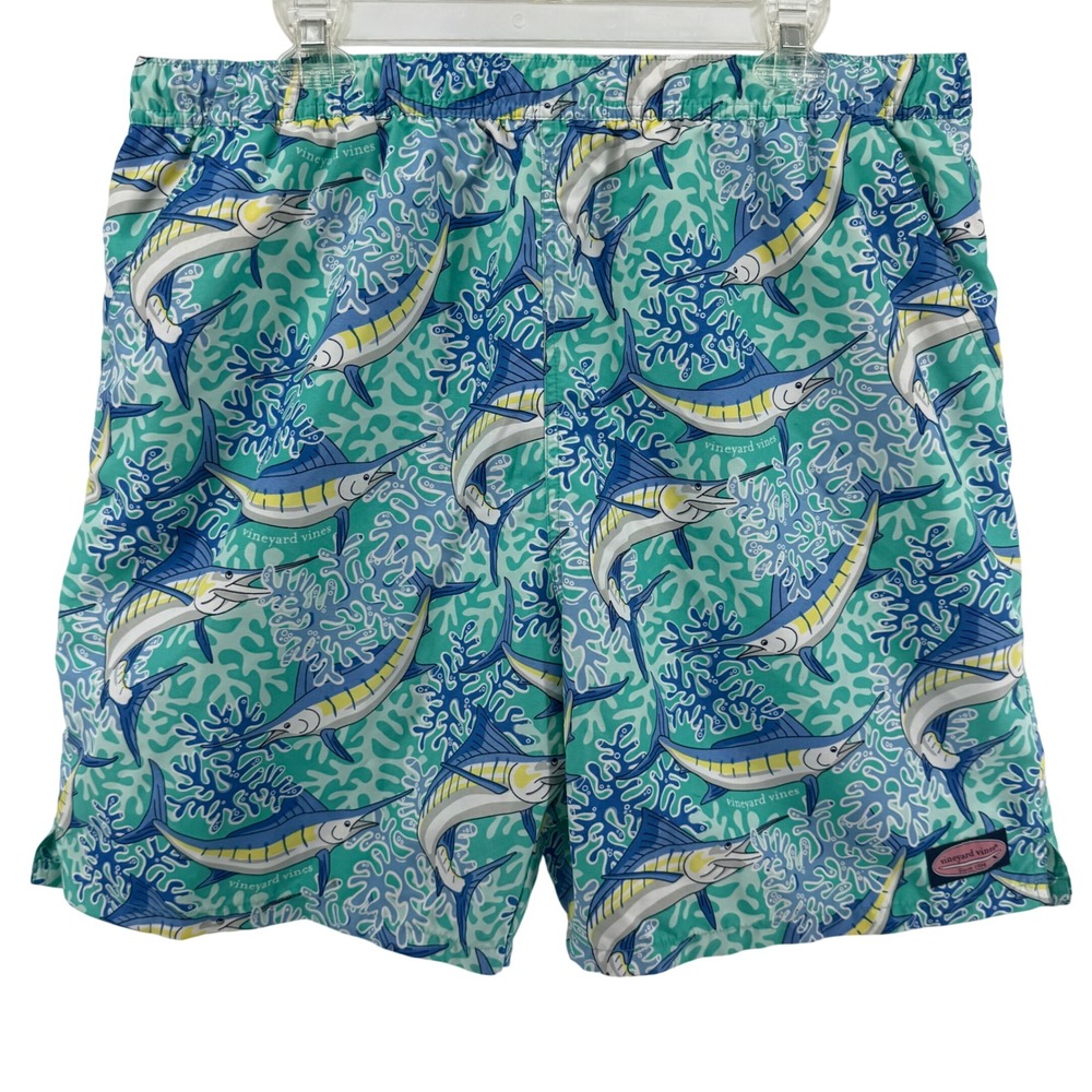 Vineyard Vines Mens XL Blue Marlin Coral Print Swim Trunks Mesh Lined Shorts